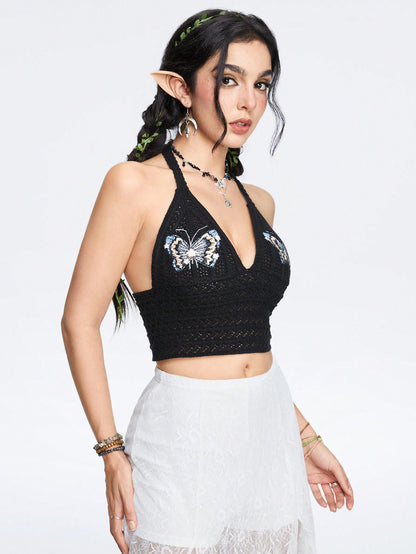 ROMWE Goth Top veraniego de punto bordado de mariposa con lazo para mujer - vacaciones sexys minimalistas