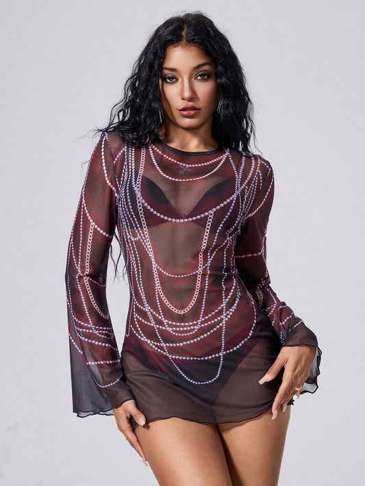 ROMWE Goth Vestido de cubierta con mangas acampanadas estampado, con colgante de cruz y perla gótica punk para mujer, adecuado para playa, vacaciones, discoteca