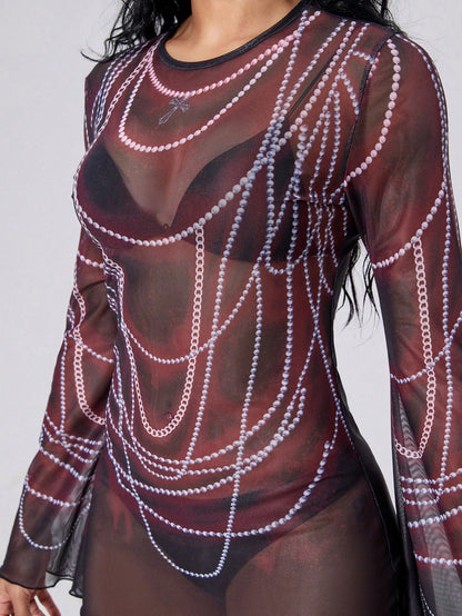 ROMWE Goth Vestido de cubierta con mangas acampanadas estampado, con colgante de cruz y perla gótica punk para mujer, adecuado para playa, vacaciones, discoteca