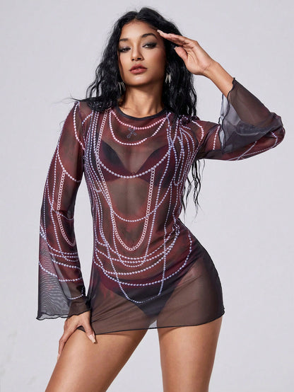 ROMWE Goth Vestido de cubierta con mangas acampanadas estampado, con colgante de cruz y perla gótica punk para mujer, adecuado para playa, vacaciones, discoteca