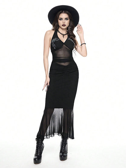 ROMWE Goth Vestido largo para mujer con cuello halter transparente, con strass en forma de cruz y plisado