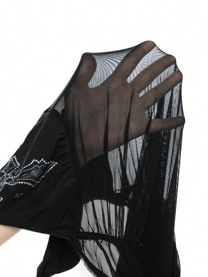 ROMWE Goth Vestido largo para mujer con cuello halter transparente, con strass en forma de cruz y plisado