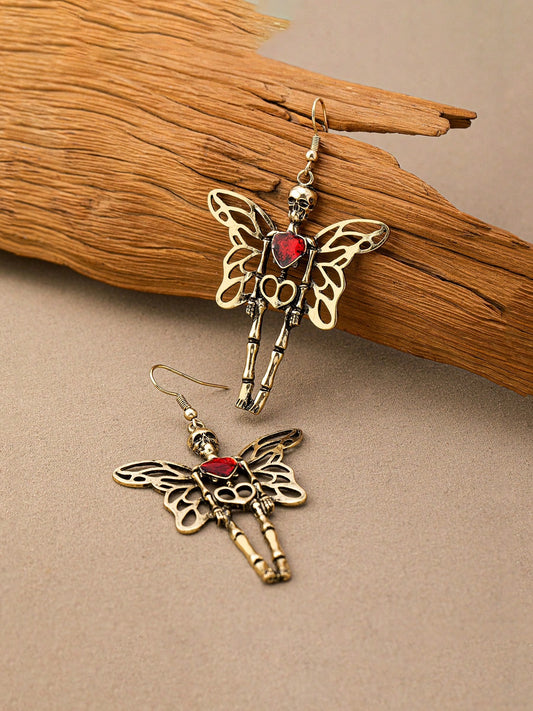ROMWE Grunge Punk 1 par de pendientes góticos vintage exagerados con alas de ángel de hueso de esqueleto en forma de corazón personalizados para mujeres, San Valentín, mamá, madre, Día de la Madre, regalo