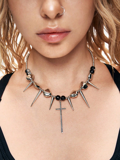 ROMWE Grunge Punk 1 pieza Collar asimétrico de acero de titanio con dije de cruz oversize, joyería tipo gargantilla de subculturas/hip-hop, unisex