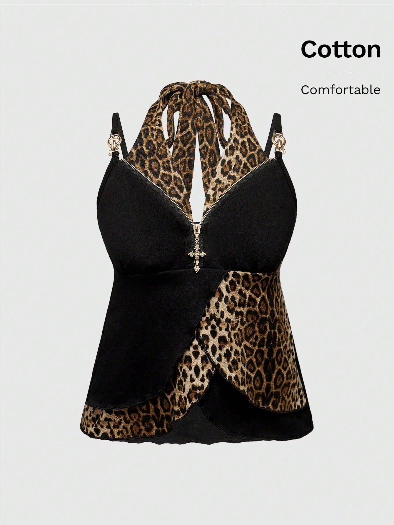 ROMWE Grunge Punk Accesorios metálicos de cruz Gyaru de estilo Y2K 2 en 1 con parte superior de tirantes asimétrica de estampado de leopardo
