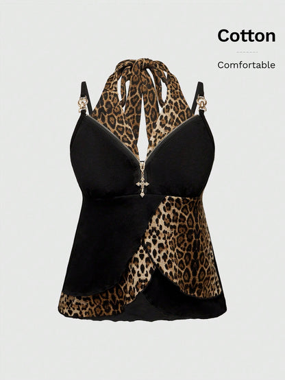 ROMWE Grunge Punk Accesorios metálicos de cruz Gyaru de estilo Y2K 2 en 1 con parte superior de tirantes asimétrica de estampado de leopardo