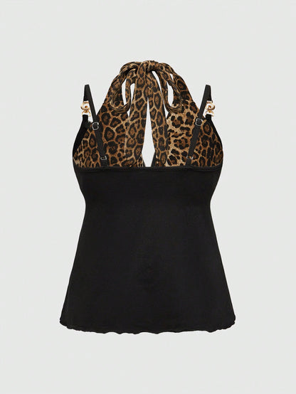 ROMWE Grunge Punk Accesorios metálicos de cruz Gyaru de estilo Y2K 2 en 1 con parte superior de tirantes asimétrica de estampado de leopardo