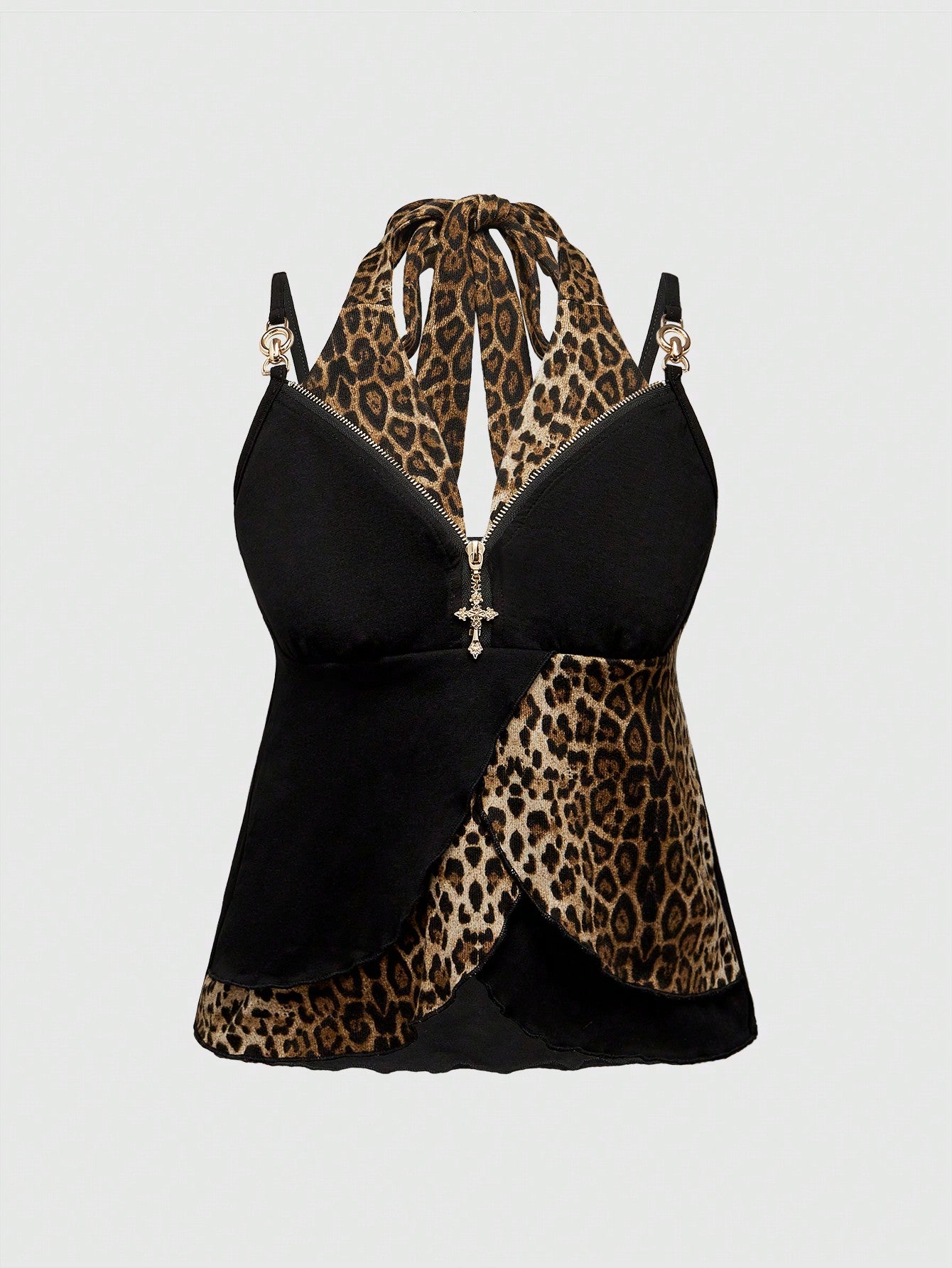 ROMWE Grunge Punk Accesorios metálicos de cruz Gyaru de estilo Y2K 2 en 1 con parte superior de tirantes asimétrica de estampado de leopardo