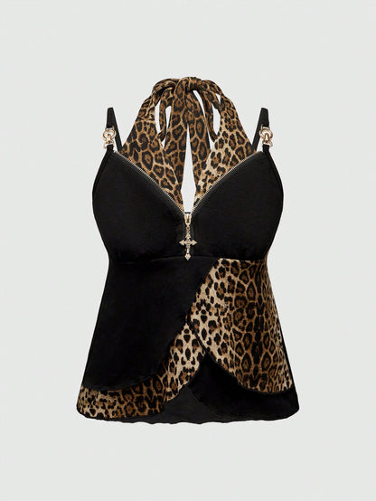 ROMWE Grunge Punk Accesorios metálicos de cruz Gyaru de estilo Y2K 2 en 1 con parte superior de tirantes asimétrica de estampado de leopardo