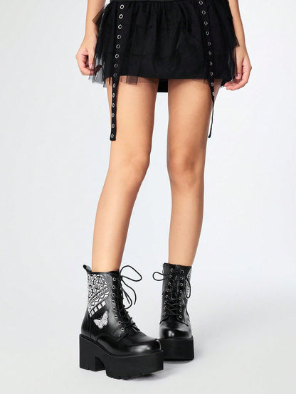 ROMWE Grunge Punk Botas de plataforma con cremallera lateral, bordado de mariposa y estilo gótico para mujer. Botas de combate con punta redonda, cordones y puntadas, estilo punk para Halloween