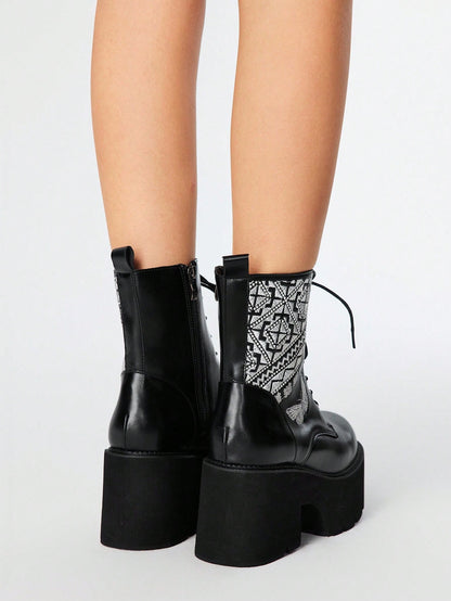 ROMWE Grunge Punk Botas de plataforma con cremallera lateral, bordado de mariposa y estilo gótico para mujer. Botas de combate con punta redonda, cordones y puntadas, estilo punk para Halloween