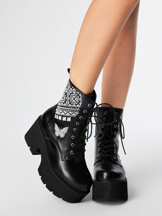 ROMWE Grunge Punk Botas de plataforma con cremallera lateral, bordado de mariposa y estilo gótico para mujer. Botas de combate con punta redonda, cordones y puntadas, estilo punk para Halloween
