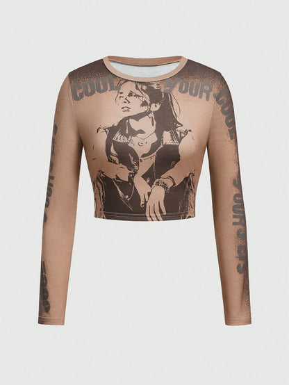 ROMWE Grunge Punk Camiseta Con Estampado De Letras Y Personajes Para Mujer