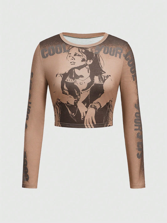 ROMWE Grunge Punk Camiseta Con Estampado De Letras Y Personajes Para Mujer