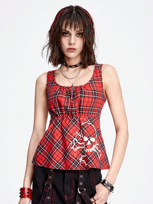 ROMWE Grunge Punk Camiseta ajustada de calaveras impresas sexys y dulces con escote cuadrado y patrón de cuadros plisados para mujeres