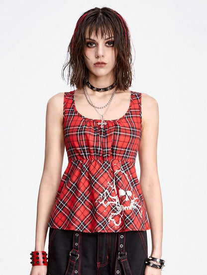 ROMWE Grunge Punk Camiseta ajustada de calaveras impresas sexys y dulces con escote cuadrado y patrón de cuadros plisados para mujeres