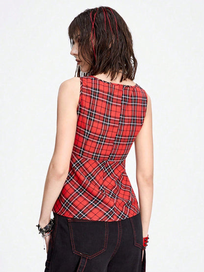 ROMWE Grunge Punk Camiseta ajustada de calaveras impresas sexys y dulces con escote cuadrado y patrón de cuadros plisados para mujeres