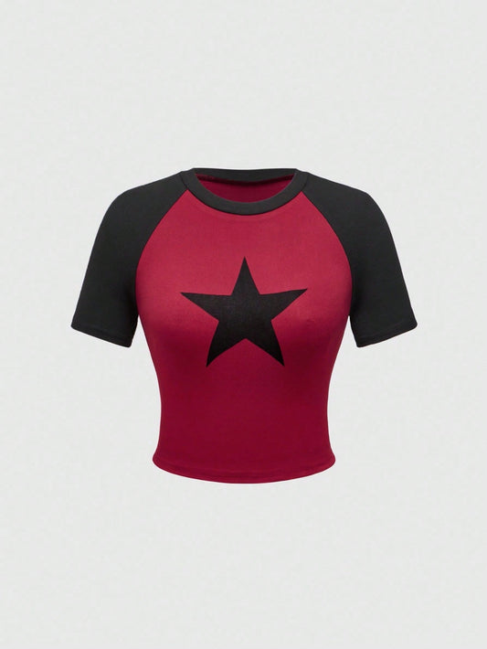 ROMWE Grunge Punk Camiseta casual de mujer con estampado de estrella punk y bloques de color