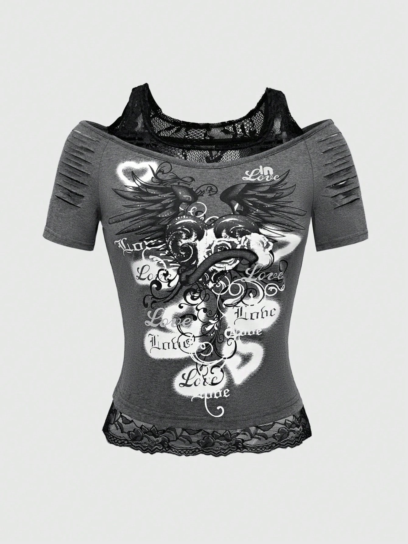 ROMWE Grunge Punk Camiseta con contraste de gráfico de letra, hombros descubiertos de encaje, para la escuela