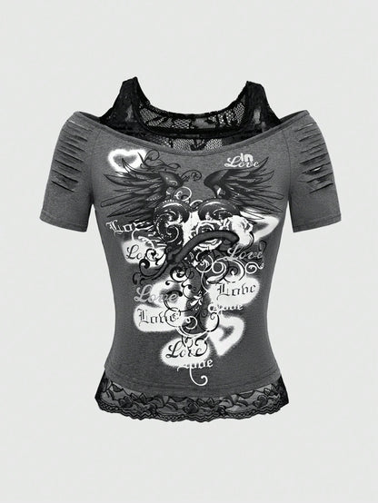 ROMWE Grunge Punk Camiseta con contraste de gráfico de letra, hombros descubiertos de encaje, para la escuela