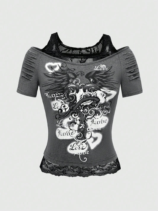 ROMWE Grunge Punk Camiseta con contraste de gráfico de letra, hombros descubiertos de encaje, para la escuela
