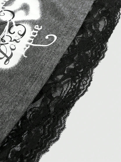 ROMWE Grunge Punk Camiseta con contraste de gráfico de letra, hombros descubiertos de encaje, para la escuela