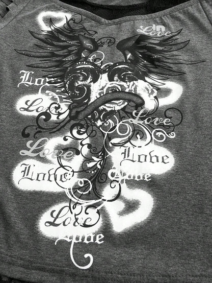 ROMWE Grunge Punk Camiseta con contraste de gráfico de letra, hombros descubiertos de encaje, para la escuela