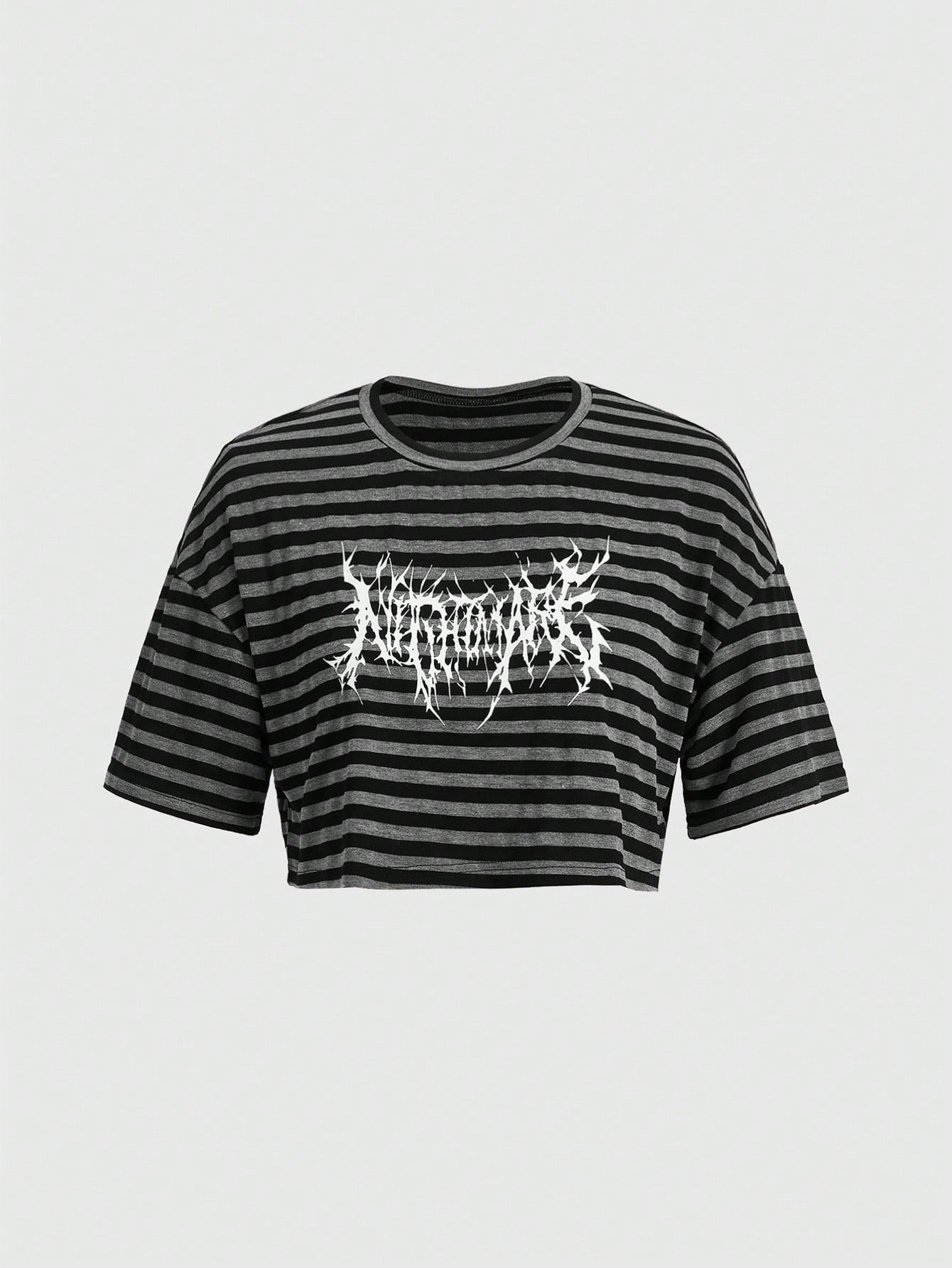 ROMWE Grunge Punk Camiseta corta a rayas con estampado de letras de estilo punk para mujeres