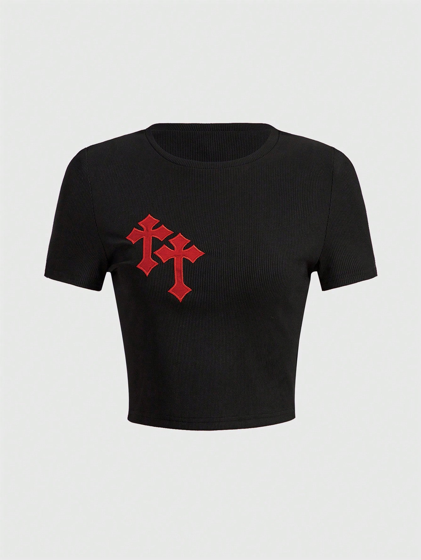 ROMWE Grunge Punk Camiseta corta escolar con bordado cruzado