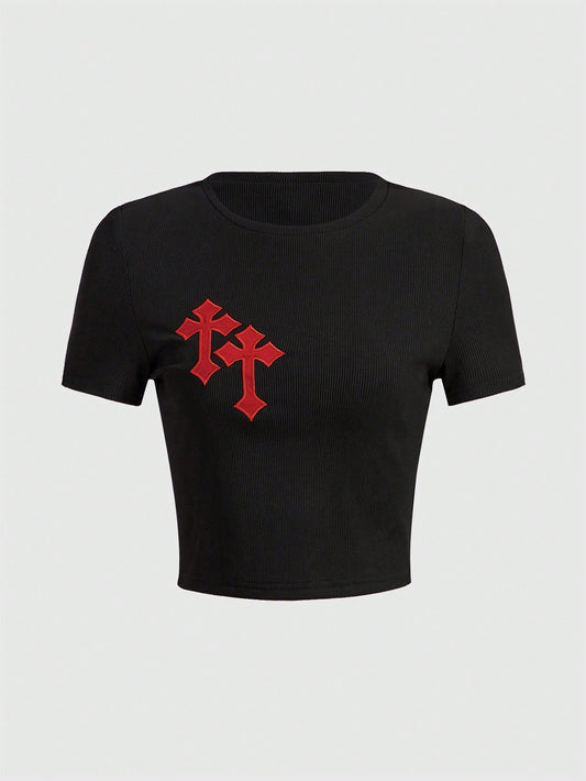 ROMWE Grunge Punk Camiseta corta escolar con bordado cruzado