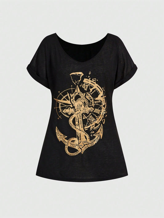 ROMWE Grunge Punk Camiseta de manga corta de escote redondo oversize con estampado de letra de barco pirata y ancla, estilo casual oscuro y romántico punk, para verano