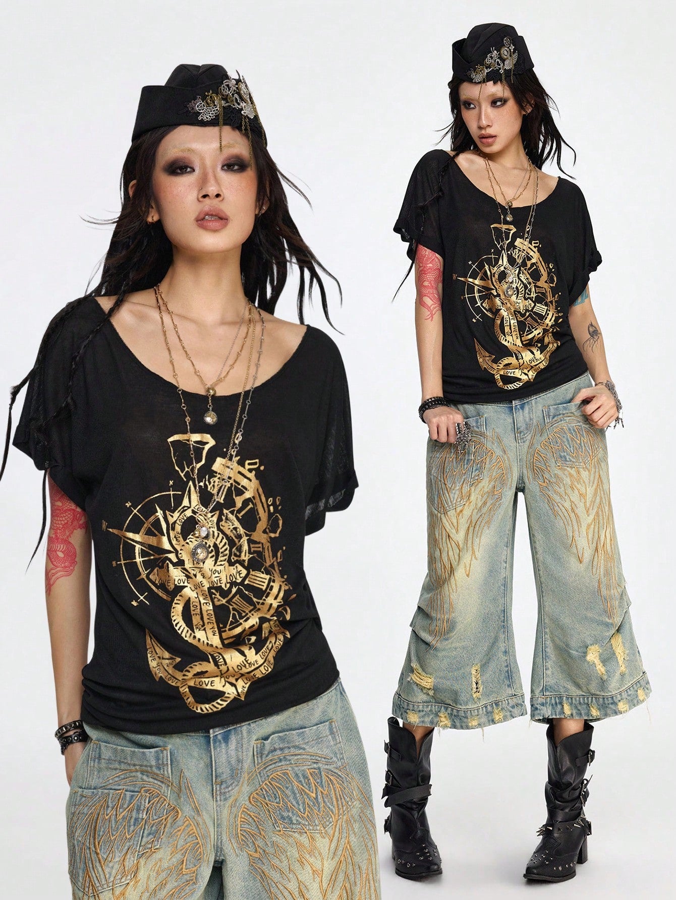 ROMWE Grunge Punk Camiseta de manga corta de escote redondo oversize con estampado de letra de barco pirata y ancla, estilo casual oscuro y romántico punk, para verano
