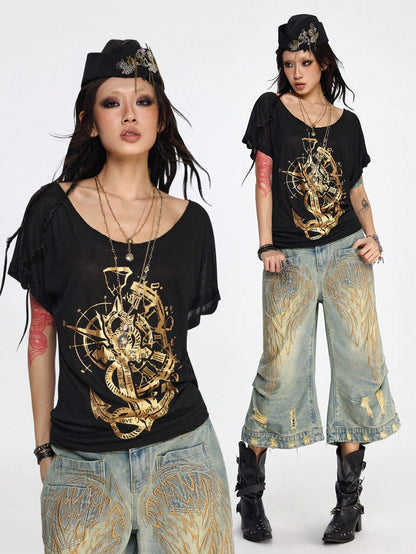 ROMWE Grunge Punk Camiseta de manga corta de escote redondo oversize con estampado de letra de barco pirata y ancla, estilo casual oscuro y romántico punk, para verano
