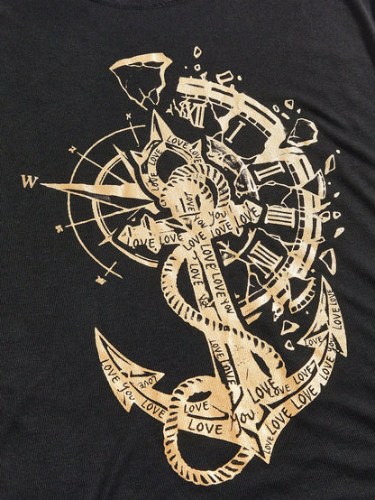 ROMWE Grunge Punk Camiseta de manga corta de escote redondo oversize con estampado de letra de barco pirata y ancla, estilo casual oscuro y romántico punk, para verano