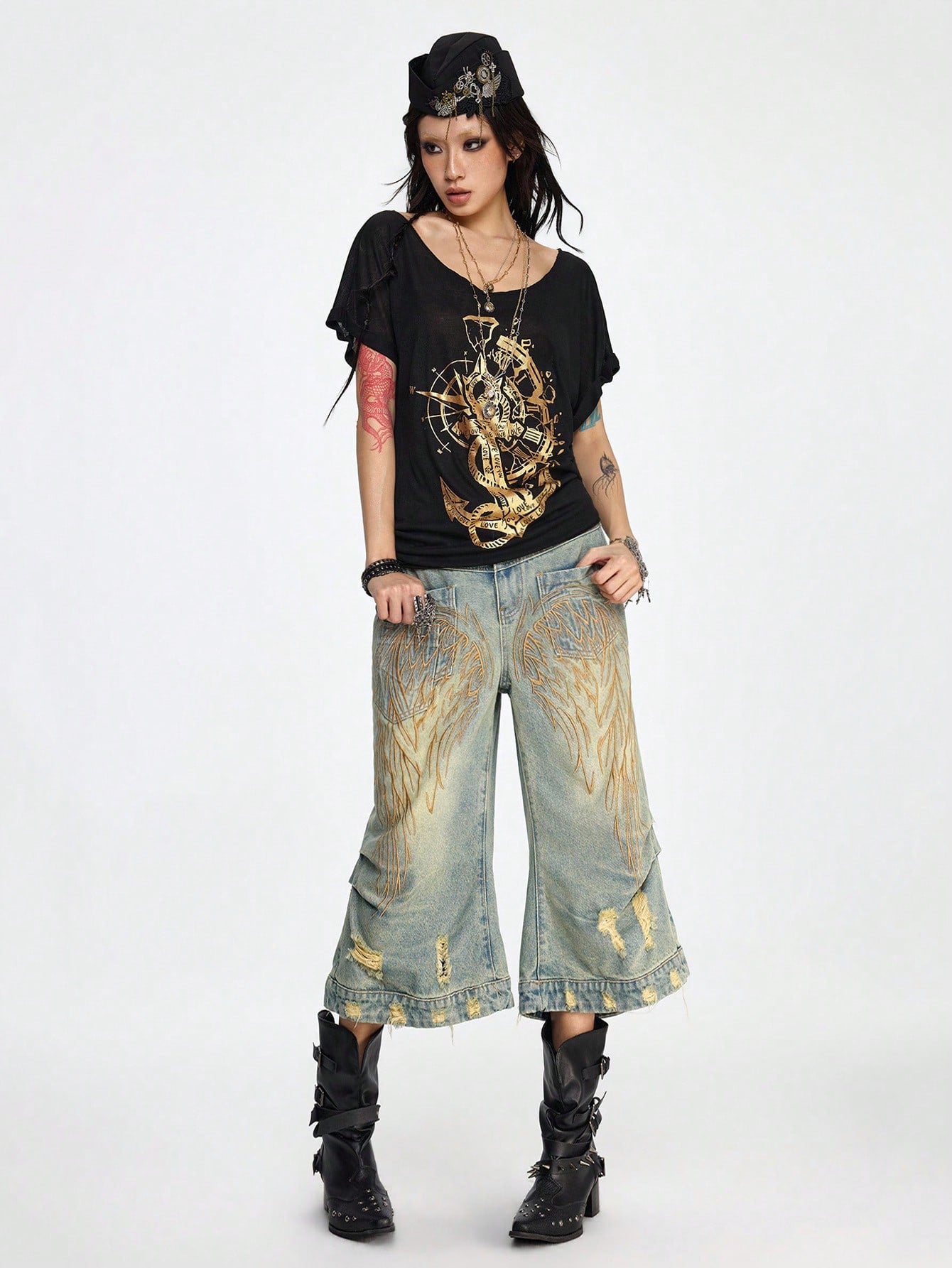 ROMWE Grunge Punk Camiseta de manga corta de escote redondo oversize con estampado de letra de barco pirata y ancla, estilo casual oscuro y romántico punk, para verano