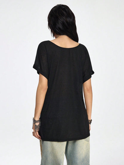 ROMWE Grunge Punk Camiseta de manga corta de escote redondo oversize con estampado de letra de barco pirata y ancla, estilo casual oscuro y romántico punk, para verano