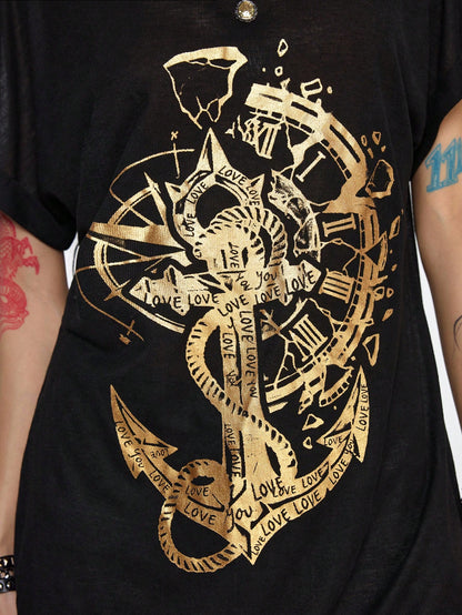 ROMWE Grunge Punk Camiseta de manga corta de escote redondo oversize con estampado de letra de barco pirata y ancla, estilo casual oscuro y romántico punk, para verano