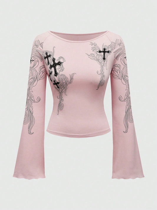 ROMWE Grunge Punk Camiseta de manga larga con estampado minimalista para mujer