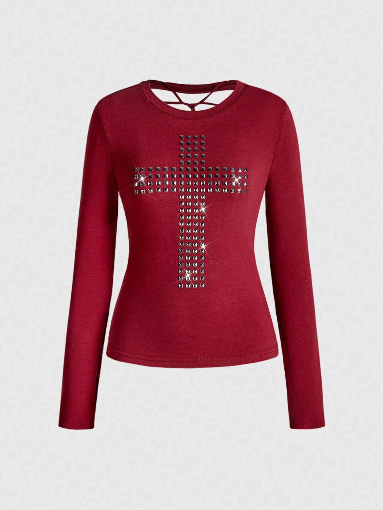 ROMWE Grunge Punk Camiseta de manga larga de ajuste ceñido con diseño de cruz remachada, corte láser en la espalda, estilo punk Y2K, de unicolor y versátil