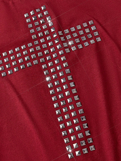 ROMWE Grunge Punk Camiseta de manga larga de ajuste ceñido con diseño de cruz remachada, corte láser en la espalda, estilo punk Y2K, de unicolor y versátil