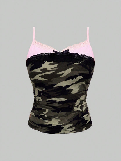 ROMWE Grunge Punk Camiseta de tirantes con encaje de camuflaje para mujer