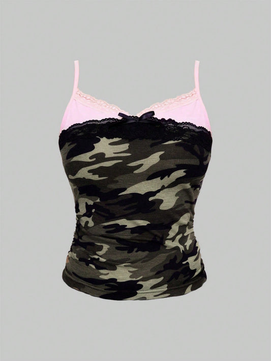 ROMWE Grunge Punk Camiseta de tirantes con encaje de camuflaje para mujer