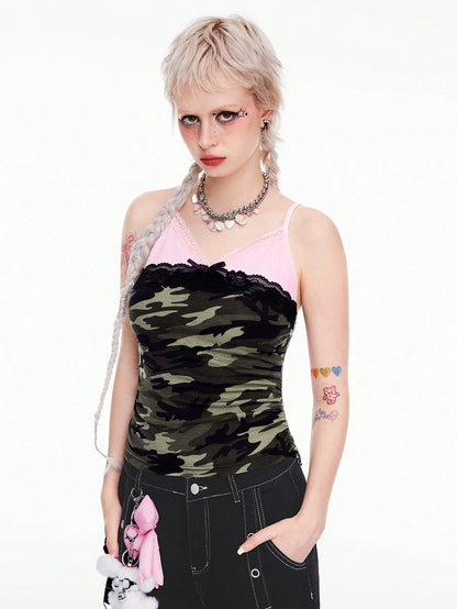 ROMWE Grunge Punk Camiseta de tirantes con encaje de camuflaje para mujer