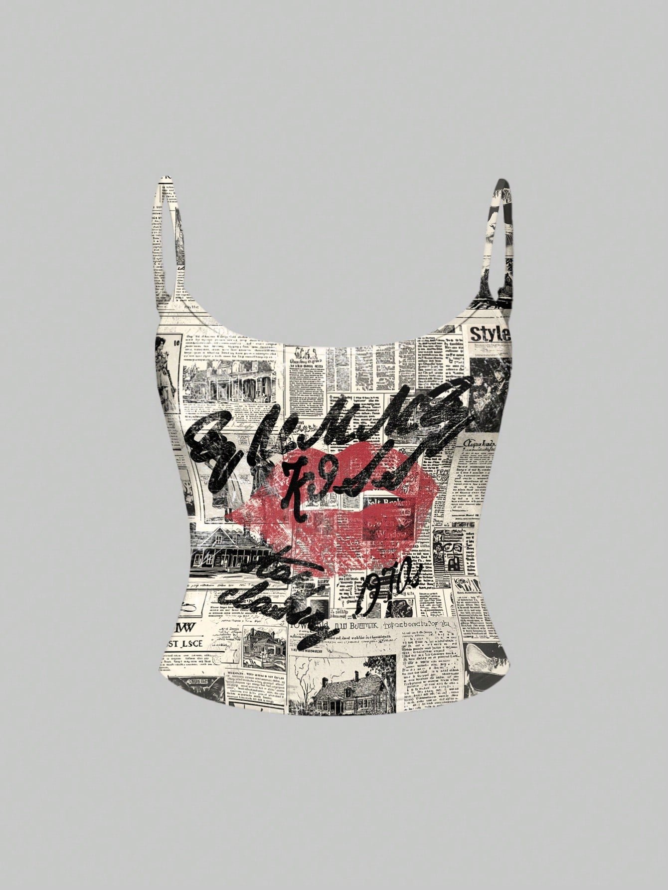 ROMWE Grunge Punk Camiseta de tirantes finos para mujer con estampado de eslogan de periódico y labios