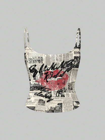 ROMWE Grunge Punk Camiseta de tirantes finos para mujer con estampado de eslogan de periódico y labios