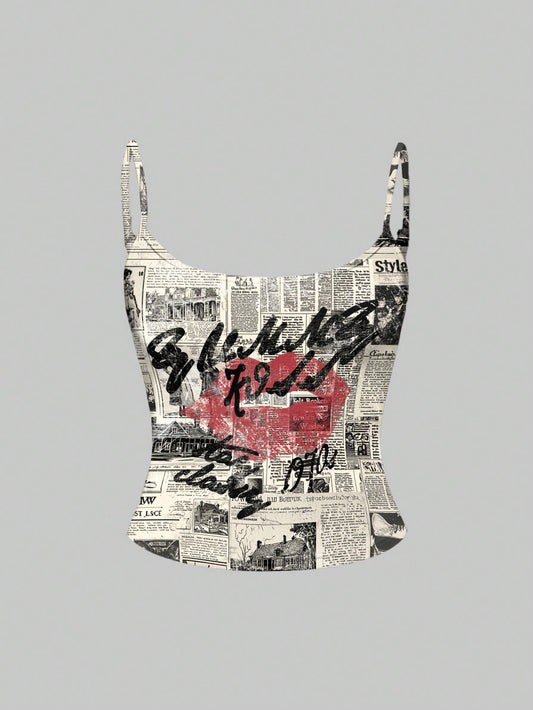 ROMWE Grunge Punk Camiseta de tirantes finos para mujer con estampado de eslogan de periódico y labios