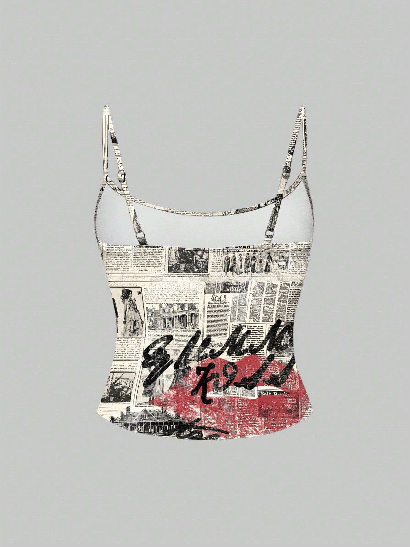 ROMWE Grunge Punk Camiseta de tirantes finos para mujer con estampado de eslogan de periódico y labios
