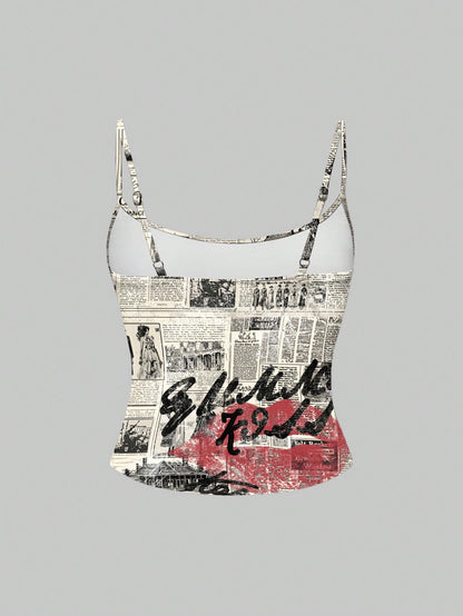 ROMWE Grunge Punk Camiseta de tirantes finos para mujer con estampado de eslogan de periódico y labios