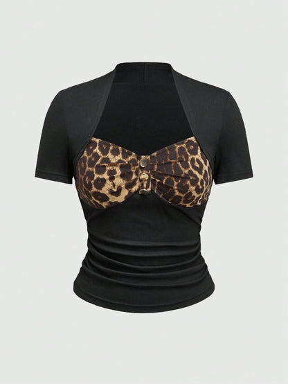 ROMWE Grunge Punk Camiseta elástica de mujer con estampado de leopardo en patchwork, estilo vintage de festival de música