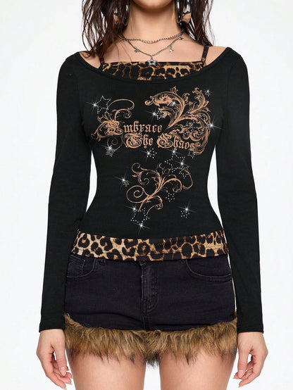 ROMWE Grunge Punk Camiseta gráfica vintage de estilo Y2K con estrella, logo de vid y diseño de parches con estampado de leopardo, camiseta linda para mujer